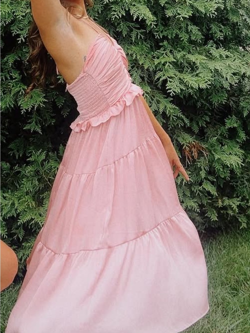 Chelsea & Violet Plisse Pink Satin Halter Neck Tiered Dress